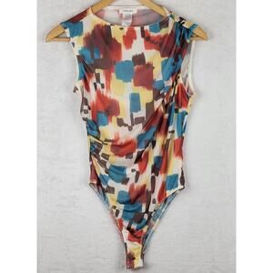 Bohemian Womens Sz L Bodysuit Ruching Colorful Geo Print Sleeveless Retro 70s